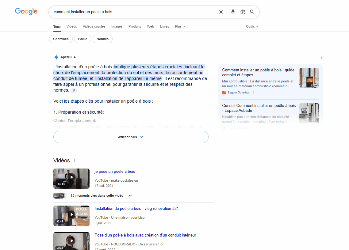 Affichage ai overview - recherche poele