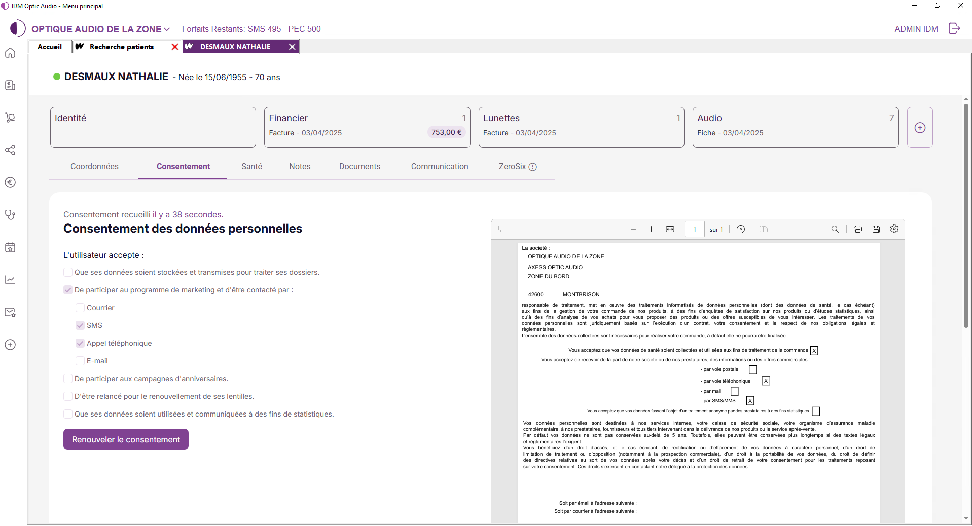 IDM Optic Fiche identité consentement client